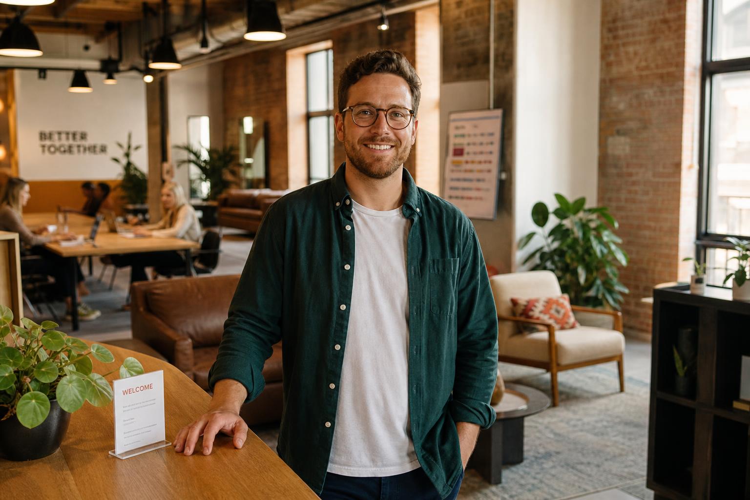 Independent workspace operator in a bright, cozy coworking space with desks and seating behind him
